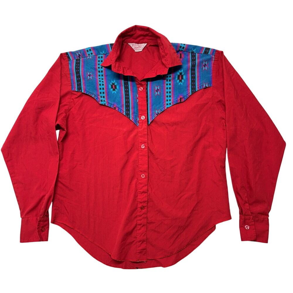 Vintage H Bar C Western Shirt Womens Large Red Aztec Print Cowboy USA Ranchwear